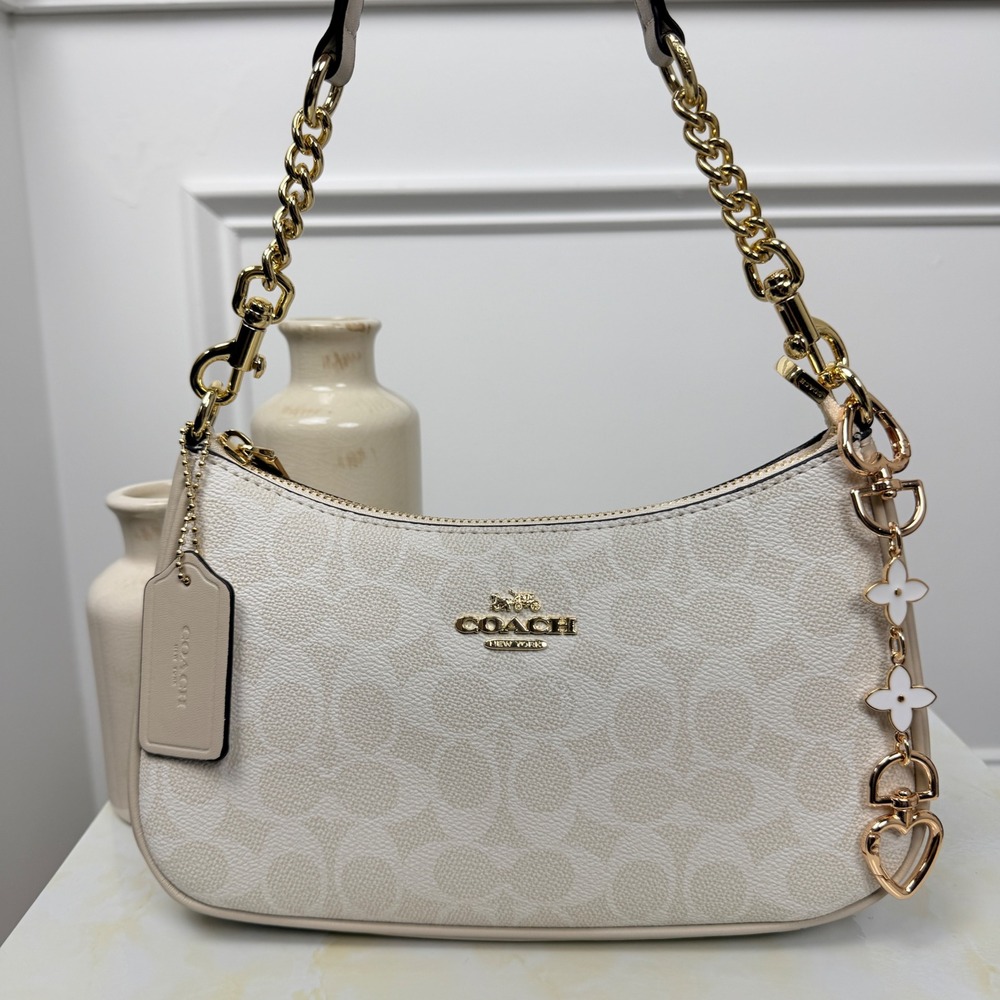 Coach Gold White Enamel Flower Heart Bag Charm Strap Extender ACCESSORY ONLY